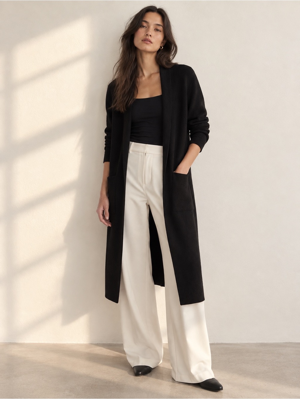 Aritzia Babaton Black Contrast Lance Wool Blend Cardigan Longline Minimalist XS